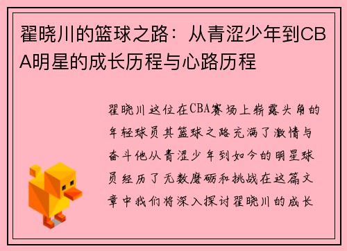 翟晓川的篮球之路：从青涩少年到CBA明星的成长历程与心路历程